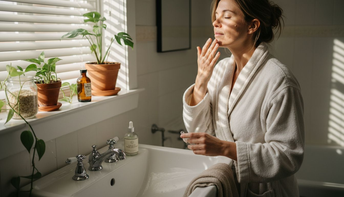 Woman applies natural face serum in bathroom