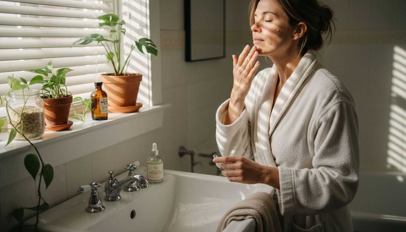 Woman applies natural face serum in bathroom