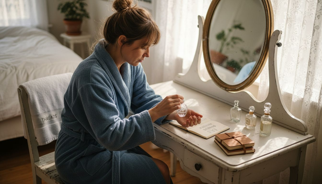 Woman layering perfumes at vintage vanity