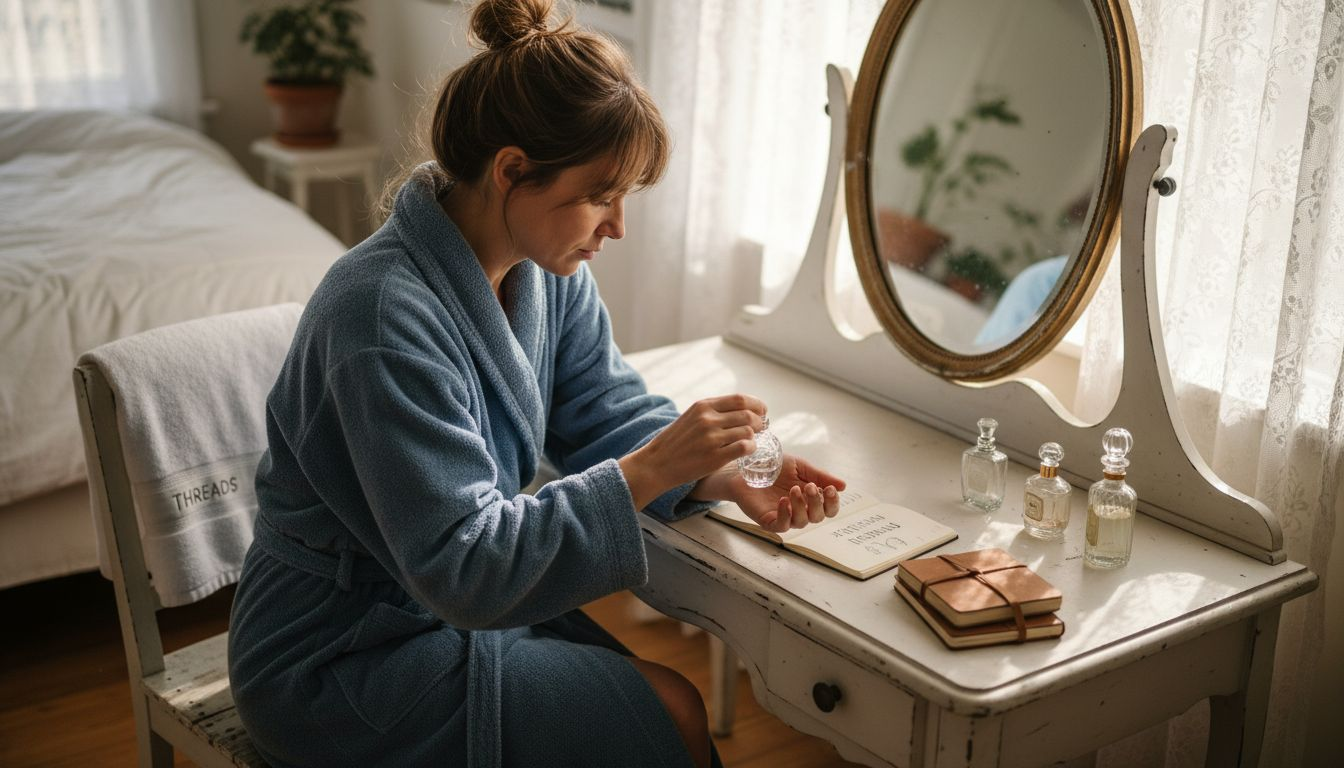 Woman layering perfumes at vintage vanity